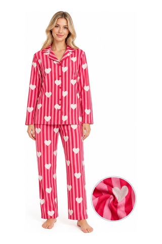 Sleeeproom Kadın Süet Düğmeli Mevsimlik Çizgili Kalp Desen Pijama Takımı Kırmızı Kalpli