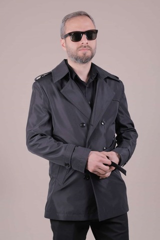 Ohepmoda Slim Fit Kemerli Erkek Trençkot Siyah