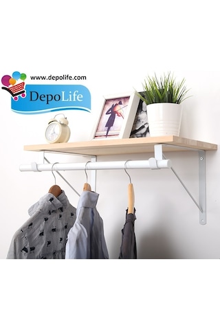 Depolife Elbise Askılık Duvar Monteli Raflı Portmanto Beyaz Renk Dayanıklı