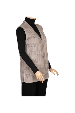 Hesna Kadın Gökçe Triko Ajurlu Boncuklu Cepli Taş Beji Yelek Bej