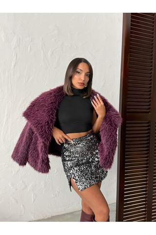 Verymoda Pullu Kadife Payet Mini Etek F2054 Siyah Gümüş