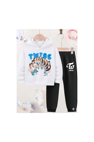 Stil X Twıce Baskılı Sweatshırt Takım / K Pop Beyaz-4