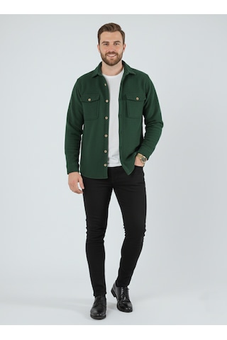 Yxc Trend Maker Erkek Slim Fit Düğmeli Yaka Çift Cepli Düz Siyah Polar Erkek Gömlek Yeşil