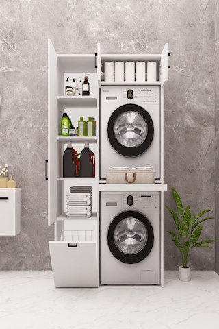 Mdf Çamaşır Makinesi Ve Kurutma Makinesi Dolabı Sepetli Beyaz
