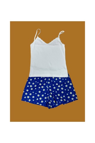 Pazarız Pembecin Şortlu Pijama Takımı Babydol İp Askılı Yazlık Pamuklu Kolsuz Beyaz Askılı Mavi Çiçekli Mavi
