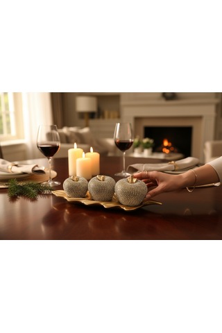 Frefly Store 3'lü Altın Taşlı Elma Dekor Seti Altın Yaprak Tabanlı