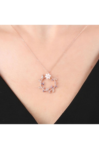 Mia vento Manolya Çiçeği Mutluluk Haresi Rose Renk Flowers Gümüş Kolye