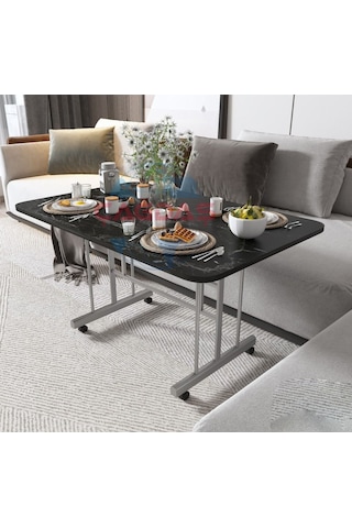 Metal Ayaklı Tekerlekli Ekonomik Orta Sehpa 70 X 110 Cm Siyah Mermer Siyah Mermer