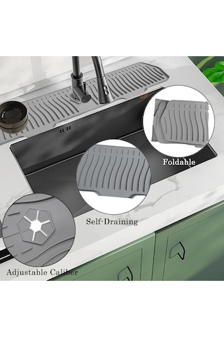 Ximistore9 Gri Silikon Lavabo Matı, Otomatik Su Akışlı Mutfak/ Banyo Musluk Altı Koruyucu, 76cmx15.3cm Kaymazsız Su Toplamama Döşeme Gri