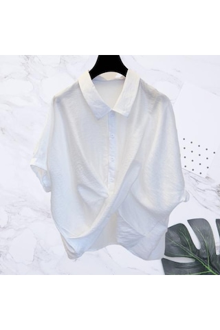 Beyaz Kadın Yaz Yaka Gömlek Tops Batwing Kısa Kollu Çapraz Düzensiz Tasarım Tek Göğüslü Casual Tops Streetweed Beyaz