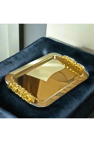 Diperla Kahve Çay Sunum Dikdörtgen Büyük Sunum Tepsisi Gold 30cm
