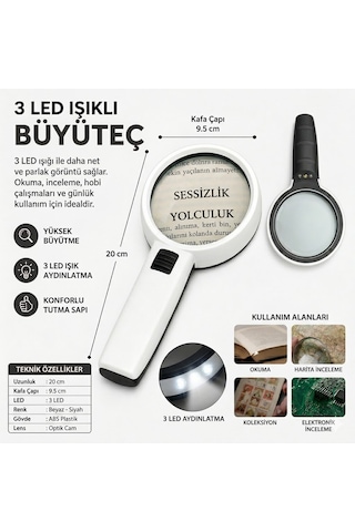 3 Ledli 10x95mm Işıklı Mercekli El Büyüteci Okuma Tamir Kitap Çalışma İçin Işıklı Büyüteç Okul