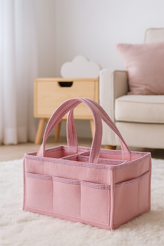 Anne Bebek Kalın Keçe Bakım Çantası Yenidoğan Için Organizer Düzenleyici Çok Amaçlı Pembe Pembe Overlok Detay