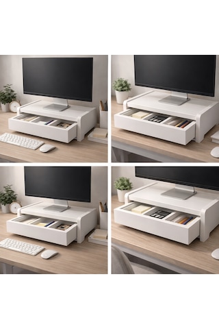 Ahşap Çekmeceli Monitör Standı Masaüstü Ergonomik Yükseltici Ve Düzenleyici Beyaaz Çok Renkli