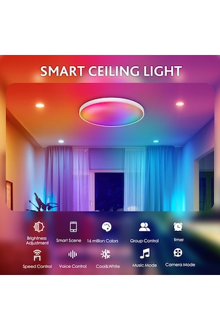 Akıllı Plafonyer Karartma Tavan Lambası 220 V Wi-fi+bt Kumanda Çok Renkli