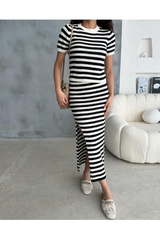 Feu Viskon-pamuk Bluz-yırtmaçlı Midi Etek Alt Üst Takım Siyah-beyaz Siyah - Beyaz