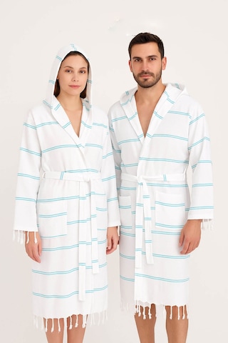 Kapşonlu Unisex Beyaz Çizgili Banyo Deniz Plaj Peştemal Bornozu %100 Pamuklu Mavi