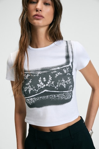 Ethıquet SERAYA Kadın Bisiklet Yaka Kısa Kollu Önü Baskılı Crop Beyaz T-Shirt