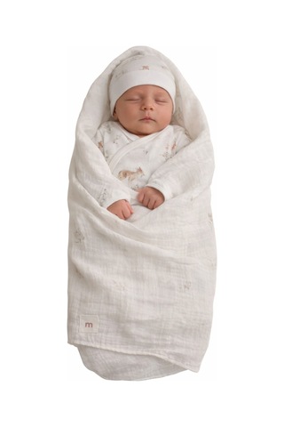 Minisse Çiçek Ve Geyik Baskılı Kruvaze Body Bej 3 Lü Takım 62 Cm Müslin Battaniyeli 4947 Bej Bej
