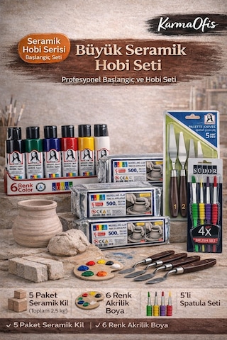 Seramik Hobi Başlangıç Seti 5x500gr Kil + 6 Renk Akrilik Boya + Spatula + 4'lü Fırça