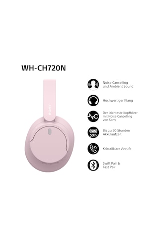 Sony Wh-ch720n Kablosuz Bluetooth Gürültü Önleyici Kulaklık, Yüksek Ses Kalitesi, Ortam Sesi Modu, Hafif Tasarım, 50 Saate Kadar Pil Ömrü, İos Ve Android - Pembe