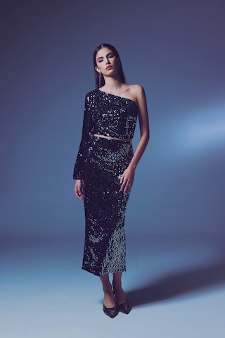 Sateen Kadife Payetli Midi Etek - Gümüş-135603 Gümüş