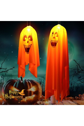 Mufunye Küçük Beyaz Gülümseyen Yüzlü Led Işıklı Kadife Hayalet Asma Lambası - Halloween Odası Stüdyosu Atmosfer Dekorasyonu Sürekli Aydınlatma Beyaz