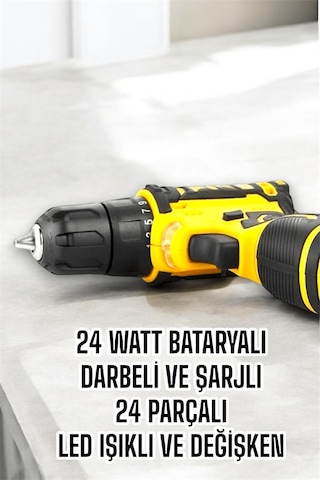 Flzdgnkr Çift Batlı Metal Dişli Darbeli Şarjlı Matkap Seti 24w Güç Ve 24 Parça Aksesuar