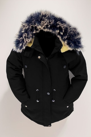 Asortix Unisex Kız/erkek Çocuk Kışlık Kanvas Kumaş Büzmeli Diz Üstü Içi Kürk Kapüşonlu Kaban Mont-mnt-0005 Siyah