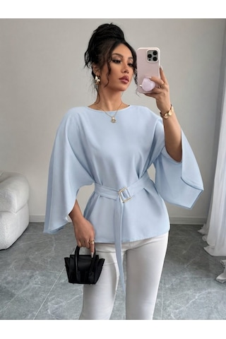Suma Kadın Uzun Kollu Yarasa Kollu Belden Kuşaklı Atlas Bluz Mavi