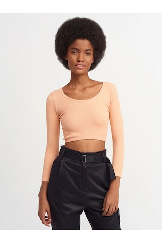 Dilvin 3529 Havuz Yaka Uzun Kollu Crop Top-şeftali-243 Şeftali