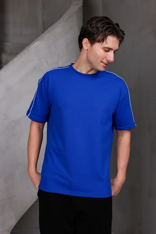 Erkek Şeritli Oversize Bisiklet Yaka 2 İki İplik Kompakt T-shirt Saks