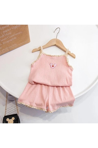 Pembe Kızların Ev Giyim Seti Çocuk Yaz Jartiyer Pijama Ince Kesit Bebek Yelek Klima Giyim Takım Elbise Ayı Nakış Pembe