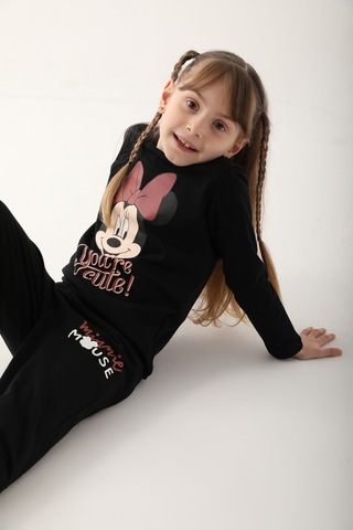 Minnie Mouse Siyah Kız Çocuk Uzun Kol Pijama Takım Siyah