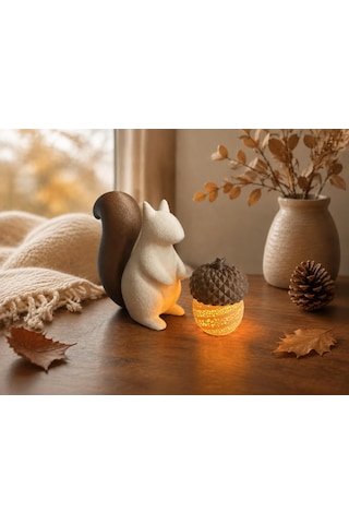 Sincap Ve Meşe Palamudu Biblo / Masaüstü, Raf Dekoru / Mini Sonbahar Kış Temalı Tealight Mumlu Set / 10x7 Cm Mum Dahil. Ten, Kahverengi