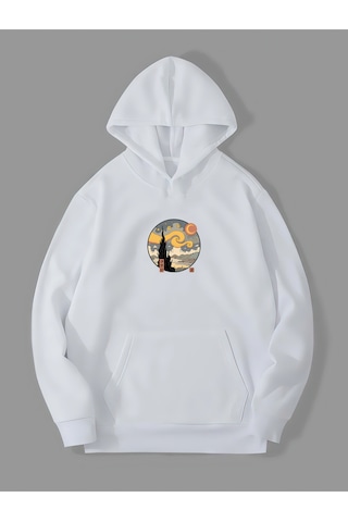 Harmandar Üç İplik Yıldızlı Gece Baskılı Unisex Beyaz Kanguru Cepli Kapüşonlu Sweatshirt Hoodie Yildizligecebeyazsweat