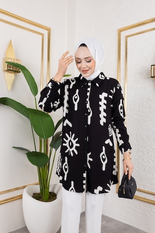 Hira Life Fashion Kadın Tesettür Giyim Ve Spor Giyime Uygun Düğme Detaylı Şık Desenli Dokuma Viskon Gömlek-tunik Siyah Siyah