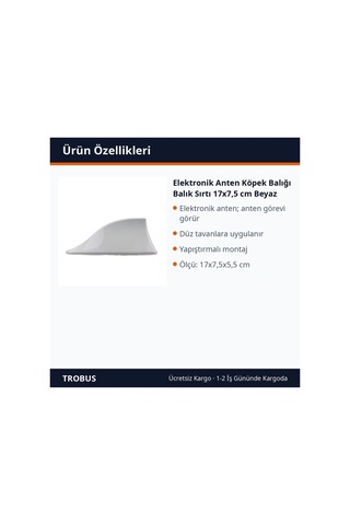 Trobus Elektronik Anten Köpek Balığı Balık Sırtı 17x7,5 Cm Beyaz