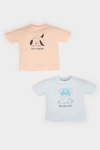 DeFacto Erkek Bebek Yenidoğan Bisiklet Yaka Baskılı Penye 2'li Kısa Kollu Tişört E8232A525SMBE362