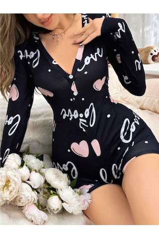 Kadın Siyah Kalp Desenli Love Yazılı Pijama Tulumu 5124