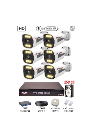 Fury 6 Kameralı Ip Güvenlik Kamerası Seti Sesli 4mp Gece Renkli Su Geçirmez 1506s 250gb