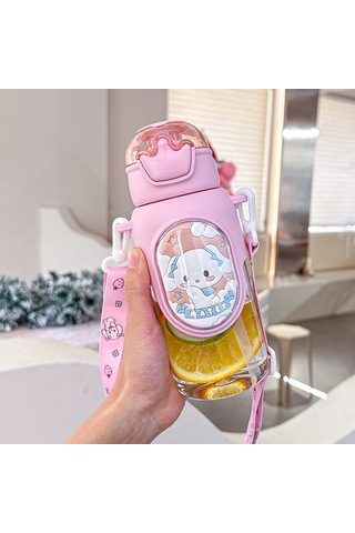 Çizgi Film Çocuk Pembe Pipetli Çift İçme Bardağı Pembe