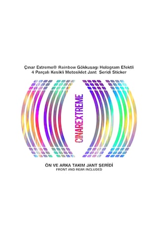 Çınar Extreme Rainbow Gökkuşağı Hologram Efektli 4 Parçalı Kesikli Motosiklet Jant Şeridi Sticker