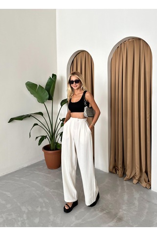 Natural Pamuk Yandan Düğmeli Geniş Paça Pantolon Ekru
