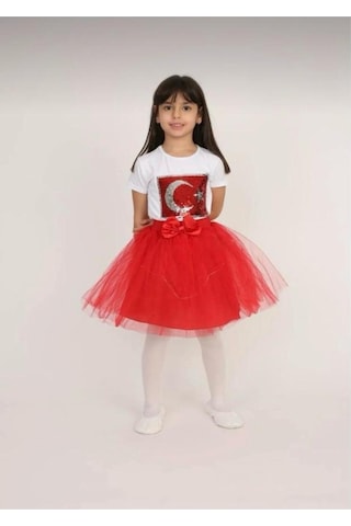 Nacar Store Özel Seri Kız Çocuk Takım 2'li Tütü Etek Ve T-shirt 23 Nisan Gösteri Kıyafeti Özel Seri Kırmızı