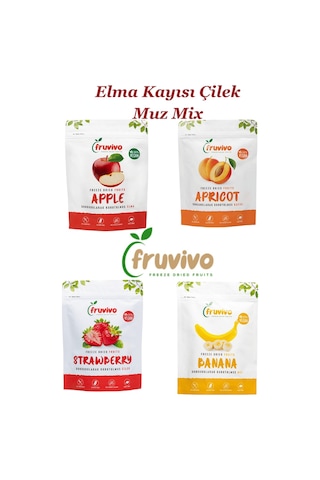 Fruvivo 4'lü Freeze Dry Paket - Elma + Kayısı + Çilek + Muz - Dondurularak Kurutulmuş Meyve Cipsi Şeker İlavesiz %100 Doğal Vegan 95 G
