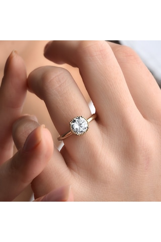 14 Ayar Altın Kaplama Yuvarlak Kesim Tektaş Gümüş Yüzük - Rs00103 Altın