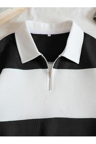 Altamira Unisex Çizgili Oversize Polo Yaka Yarım Fermuarlı Sweatshirt 001