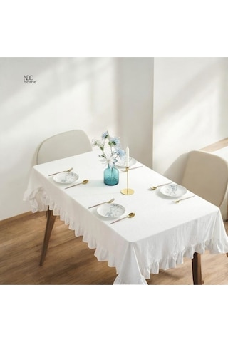 Dnc Home Tekstil  Premium Keten Beyaz Fırfırlı Masa Örtüsü 001