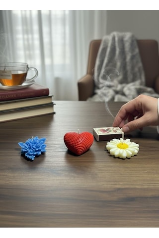 Mum Set 3lü Kırmızı Kalp - Papatya -leylak Hediyelik Özel Günlere Karışık/Çok Renkli